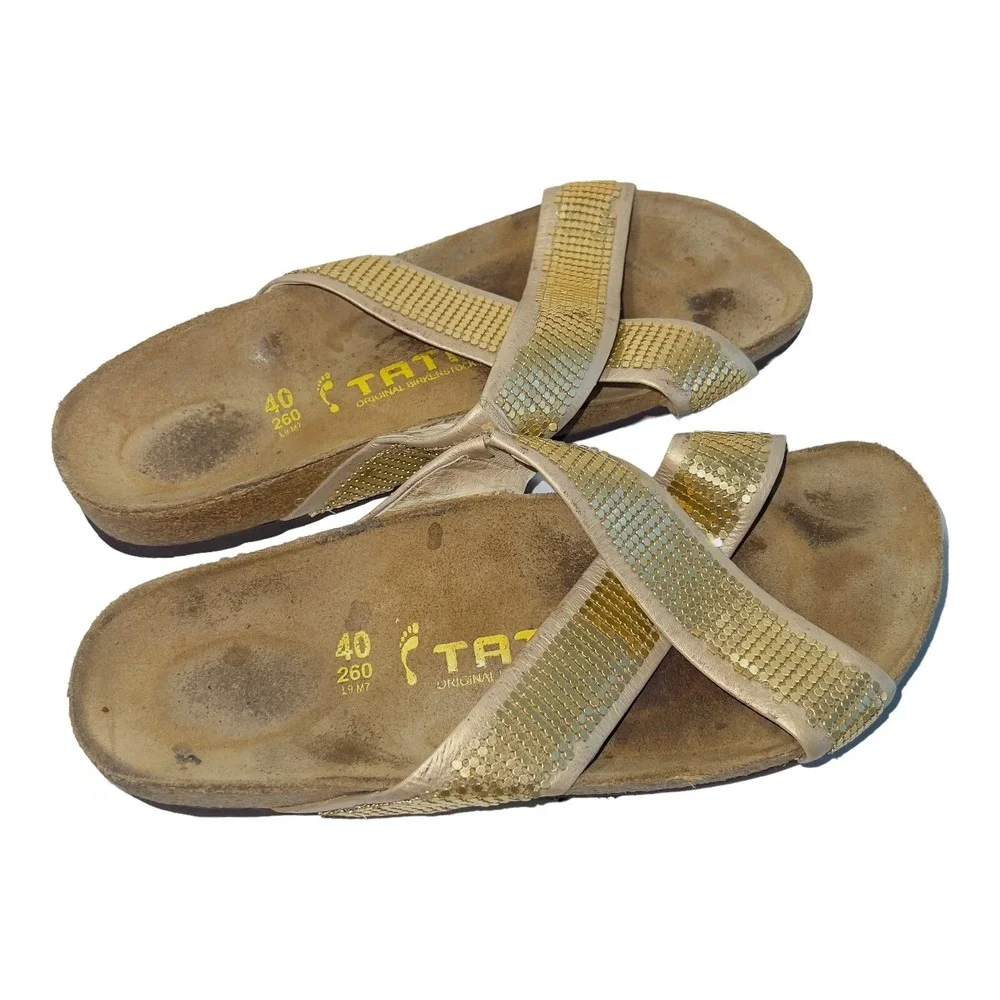 TATAMI Birkenstock Women's Gold Beaded Criss-Cross Strap Sandals Size 9 EU 40